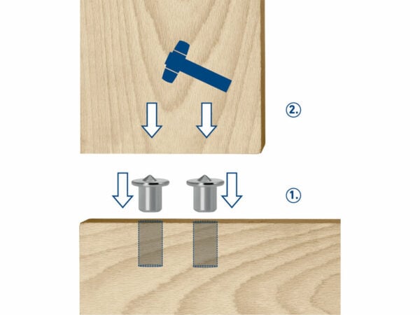 44 parçalık Dübelleme Aleti Seti kullanılarak ahşapta önceden delinmiş deliklere yerleştirilen iki dübelin, kuvveti gösteren oklarla gösterimi.