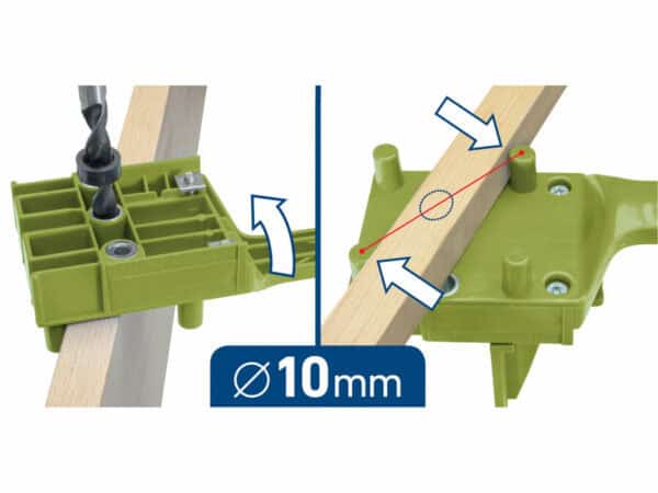 44 parçalık setten (Ø6-8-10mm) yeşil dübelleme aleti ahşap üzerindedir. 10mm matkap ucu kullanımda ve işaretli bir nokta ile hizalanmış olarak gösterilmektedir.