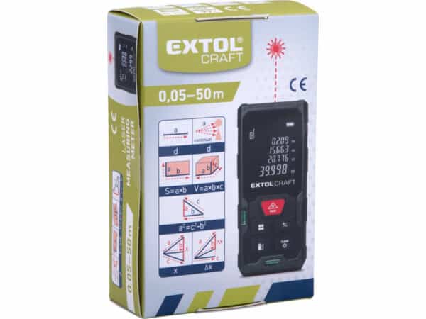 A embalagem do Extol Craft Laser Meter exibe imagens, especificações e diagramas do produto. Faixa de medição: 0,05 a 50 metros.