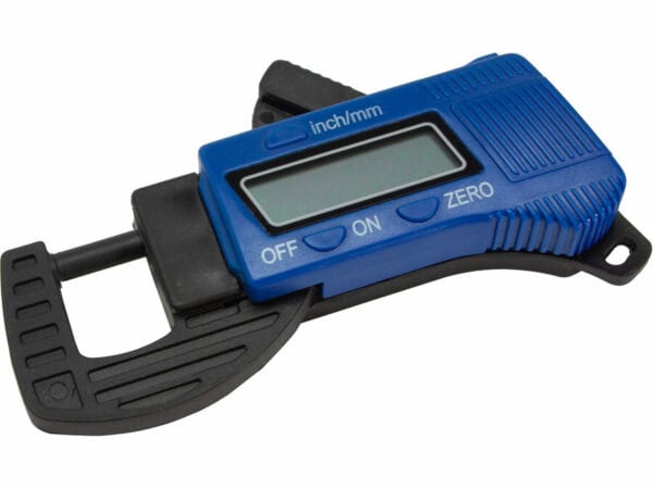 Digital thickness gauge with blue casing, LCD display, 'OFF/ON/ZERO' buttons, measures 0-12.7mm in inches/mm.