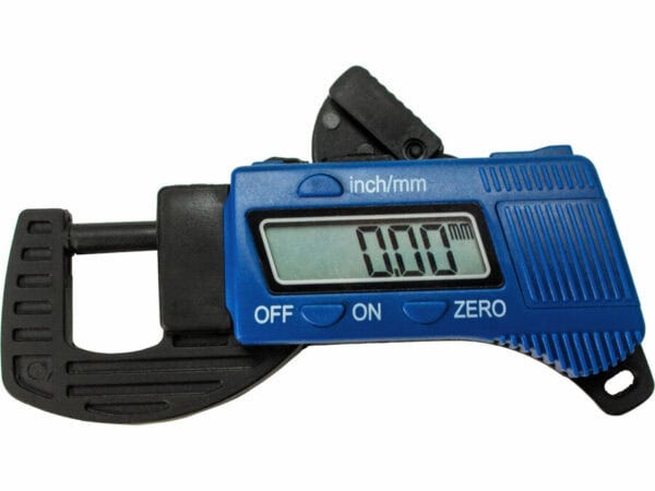 A blue digital thickness gauge measuring 0-12.7mm features "0.00 mm" display and off, on, zero buttons.