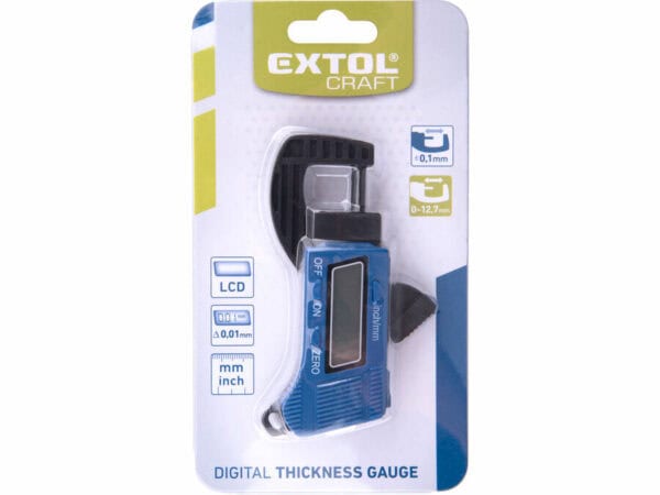 Extol Craft Digital Thickness Gauge (0-12.7mm), in blue with a digital display; measures in mm/inches, features highlighted on packaging.