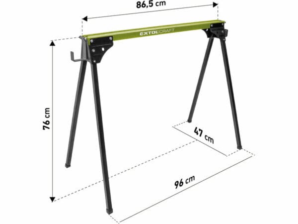 O cavalete dobrável "EXTOL CRAFT" tem 76,5 cm de altura, 96 cm de largura e 47 cm de profundidade, com 86,5 cm de altura e capacidade de carga de 450 kg.