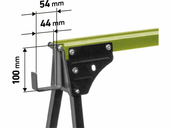 Close-up de uma cabra de construção dobrável com uma viga verde, mostrando medidas rotuladas: 54 mm, 44 mm e 100 mm.