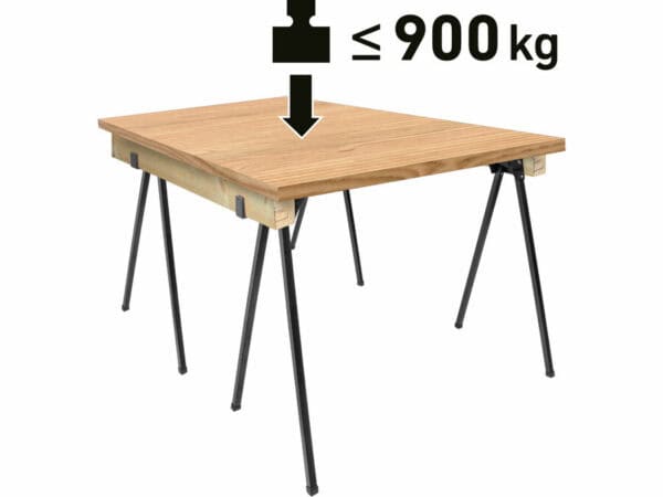 Cabra de construção dobrável, 76,5 cm de altura, capacidade de 450 kg, mostrada com seta e texto acima dela.