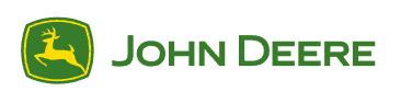 John Deere logosu: Solda sarı bir kalkan içinde sıçrayan bir geyik, sağda yeşil metinle marka adı.