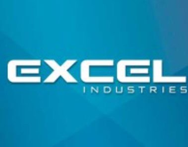 Mavi geometrik bir arka plan üzerinde Excel Industries logosu.