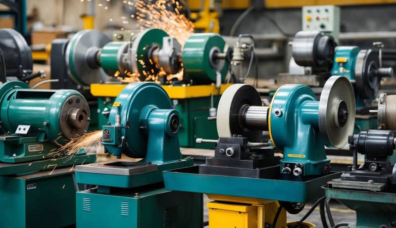 Industrial machines grinding metal with sparks flying in a factory.