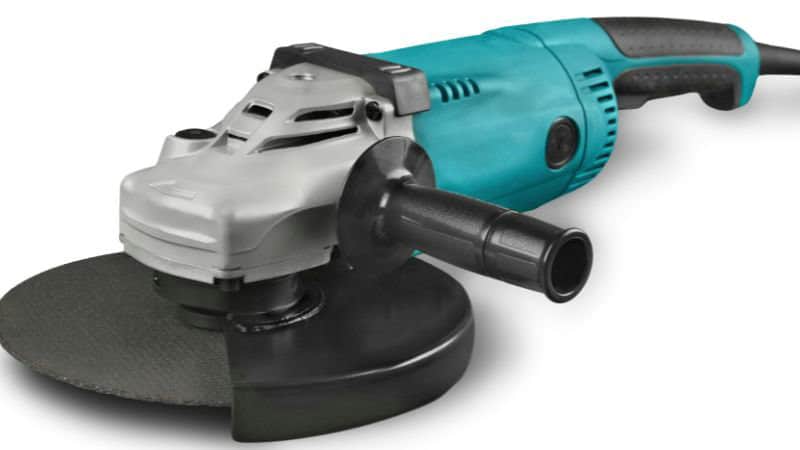 A blue and black electric angle grinder with a handle and disc guard.