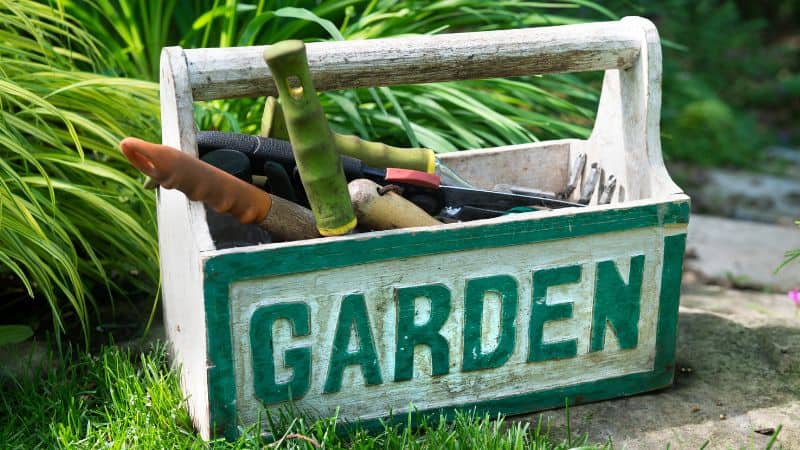 A "Garden" box with tools like a trowel and shears sits on grass near green plants.