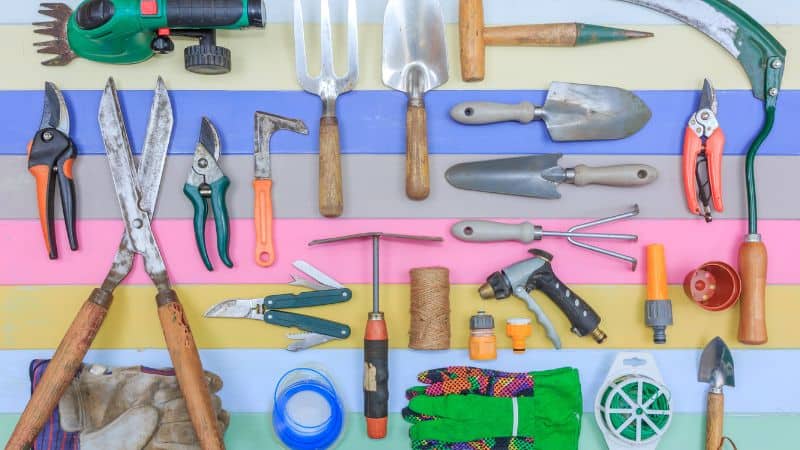 Gardening tools like pruners, gloves, a hose nozzle, and shears are neatly arranged on a colorful striped background.