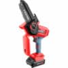 Compact Red & Black Extol cordless chainsaw with 20V battery.