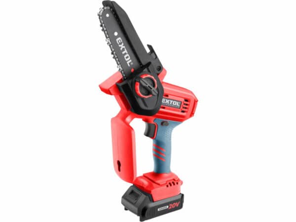 Compact Red & Black Extol cordless chainsaw with 20V battery.