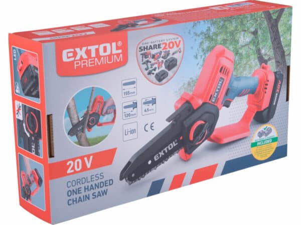 A boxed Extol Premium 20V cordless one-handed chainsaw is shown with product images and specs on the packaging.