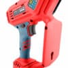 Close-up of a red and blue cordless power tool with a textured handle, buttons, and a display screen.
