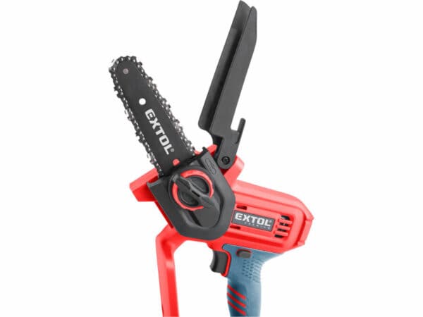 Red & black Extol handheld chainsaw with protective guard and ergonomic handle.