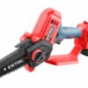 Red and gray 20V chainsaw with a compact design and visible chain.