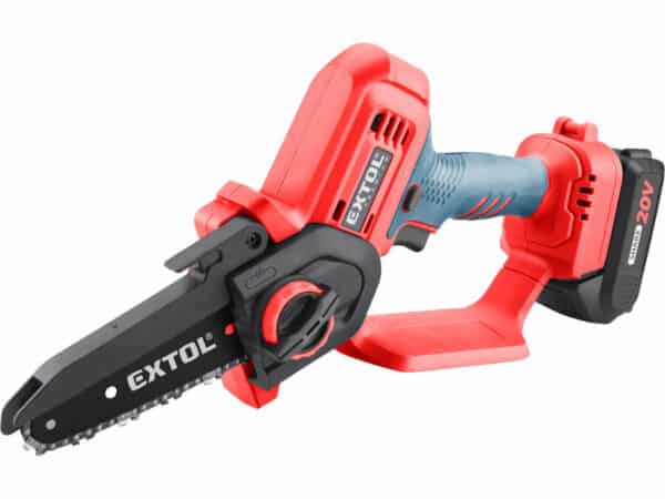 Red and gray 20V chainsaw with a compact design and visible chain.