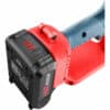 Close-up of a red and blue cordless power tool with a black 20V battery pack, displaying the voltage and brand label.