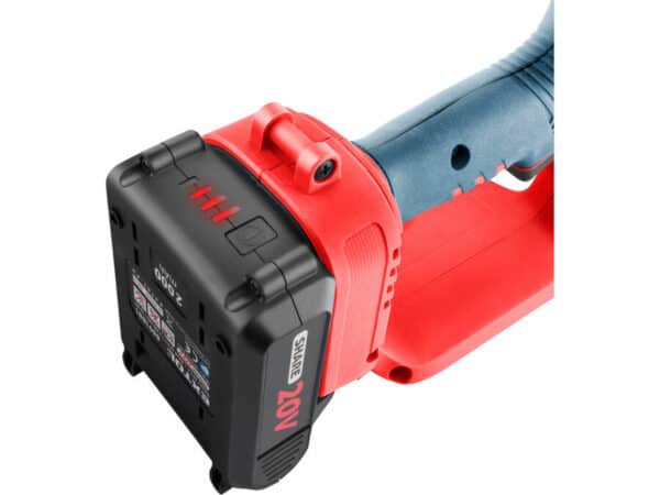 Close-up of a red and blue cordless power tool with a black 20V battery pack, displaying the voltage and brand label.