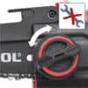 Close-up of a chainsaw's no-tool tensioning system, featuring a dial for tool-free chain adjustment.