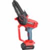 A red and black 20V handheld electric chainsaw with a small blade.