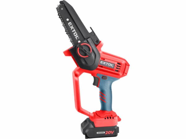 A red and black 20V handheld electric chainsaw with a small blade.
