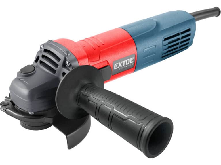 A red and blue 750W angle grinder with a black handle, guard, and 115mm capacity.