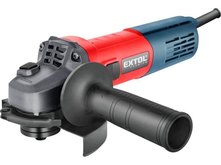 The 800W 125mm Angle Grinder features an ergonomic handle, blue/red body, black handle, and visible disc on a white background.