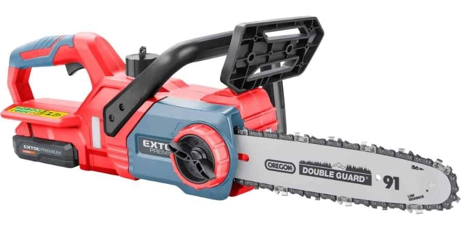 Cordless electric chainsaw with red-blue body, silver Oregon blade, shown on white background.