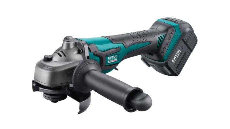 A teal-accented, cordless Extol angle grinder with side handle shown on a white background.
