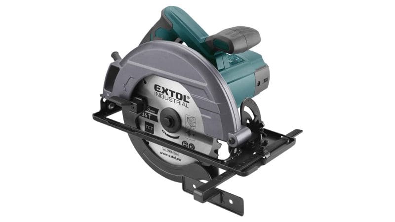 A gray and green Extol Industrial circular saw with black handle, shown on a white background.