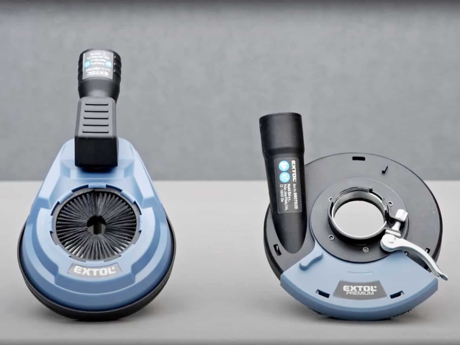 Two blue and black Extol tool attachments on a light surface with gray background, shown from front and back.