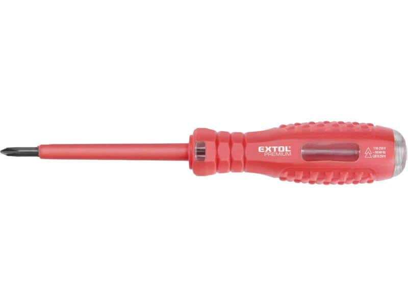Red-handled Extol Premium Phillips screwdriver with black tip on a white background.