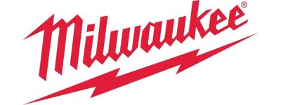 Milwaukee’s red, angular script logo with a lightning bolt underline appears on a white background.