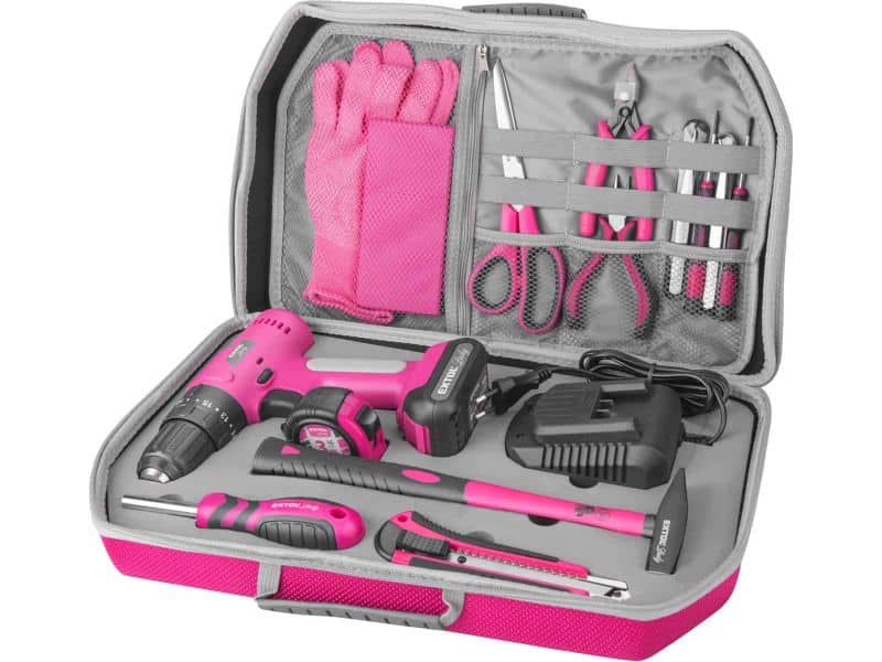 Pink and gray toolkit with drill, charger, hand tools, gloves, and small accessories in a carrying case.