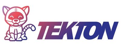 Stylized cartoon cat beside "TEKTON" in bold, gradient purple-pink letters.