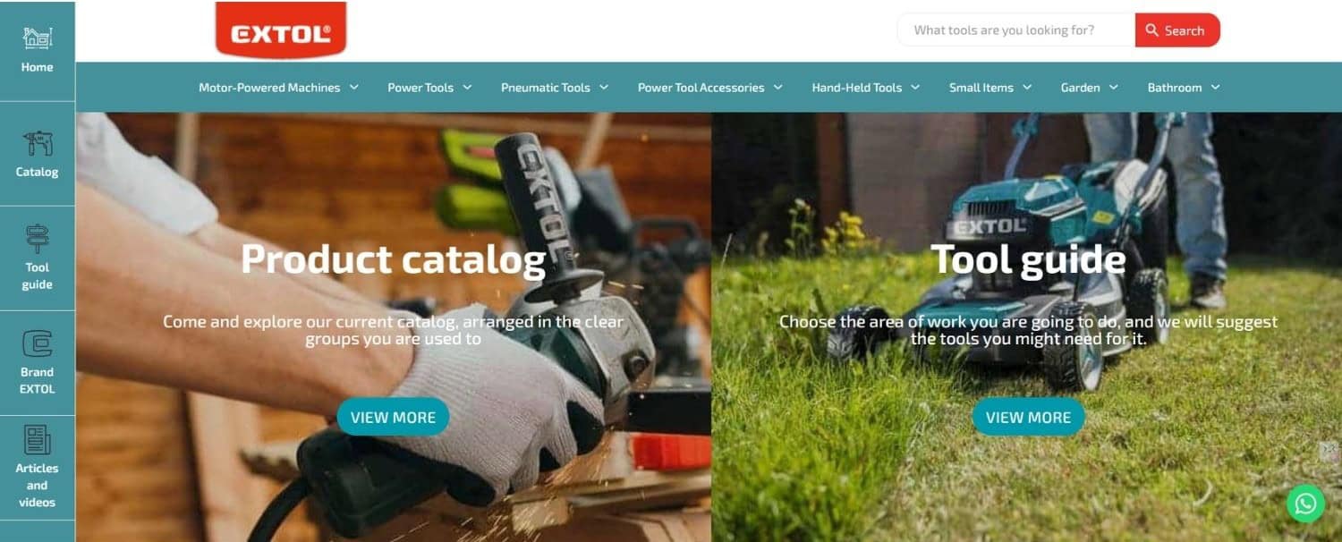 Extol homepage screenshot with product catalog and tool guide options, power tool images, and top navigation menu.