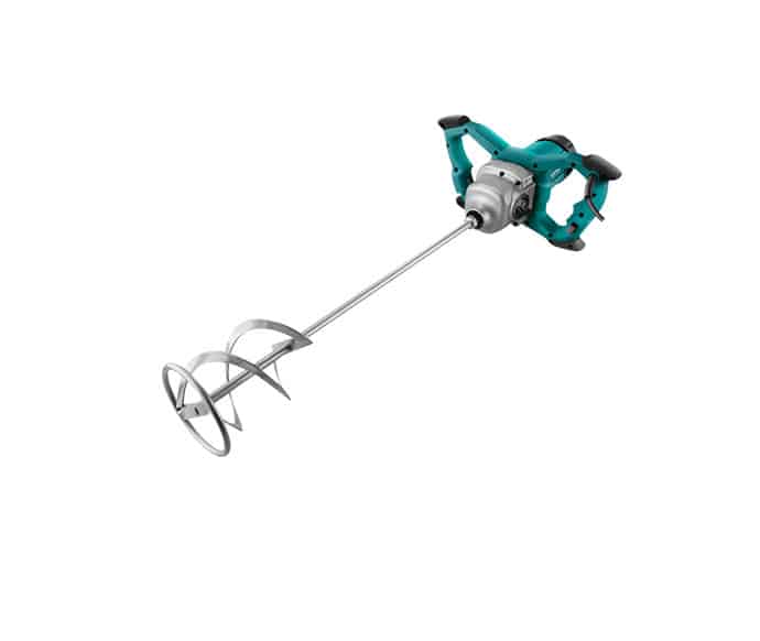 Handheld electric cement mixer with teal grip and metal paddle, isolated on white background.
