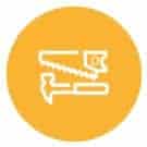 White outline of crossed saw and hammer on a solid yellow circle.