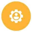 White user icon in a gear on an orange circle, symbolizing user settings or account management.