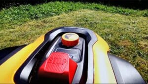 Robotic lawn mower with red stop button and orange knob, cutting grass in a yard.