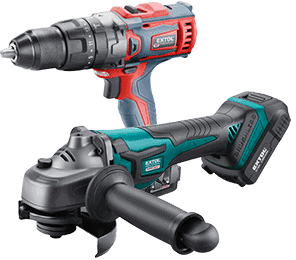 Cordless drill and angle grinder with ergonomic handles and rechargeable batteries, placed side by side.