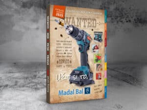 A power drill on the "Madal Bal" 2025 tool catalog cover, with tool images and text along the right side.