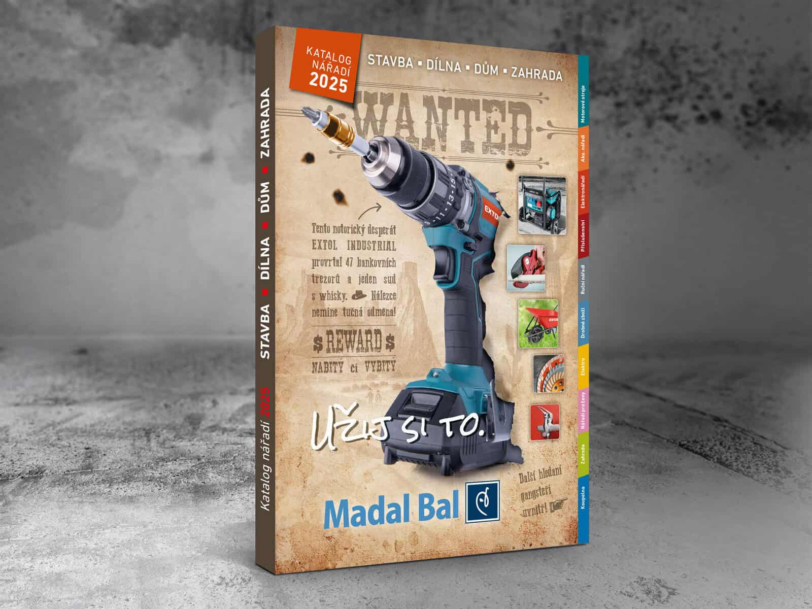 A power drill on the "Madal Bal" 2025 tool catalog cover, with tool images and text along the right side.