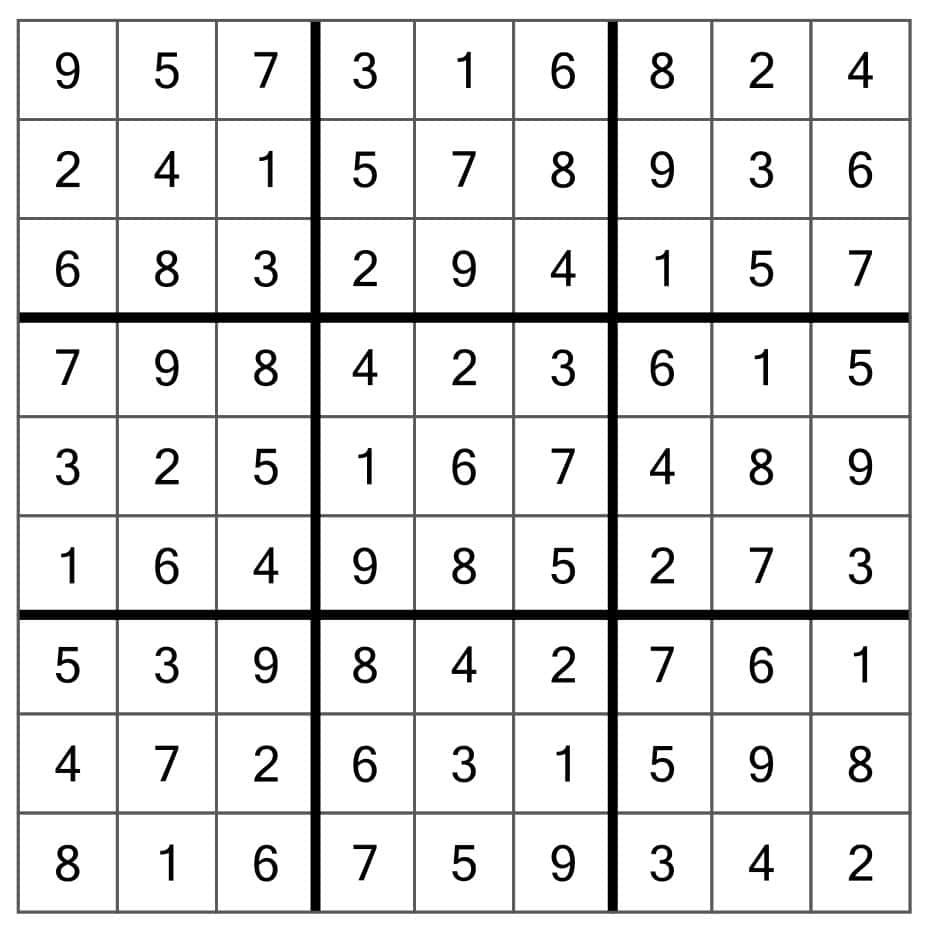 A finished Sudoku puzzle with numbers 1-9 filling each row, column, and 3x3 box without repeats.