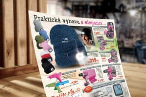 Flyer with LED beanies in assorted colors and pink power tools, plus prices and Czech text.