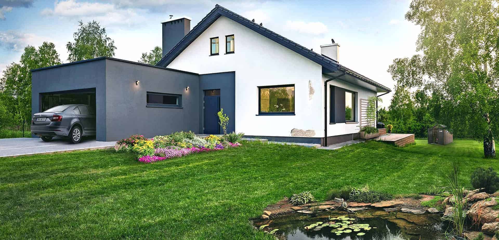 Modern one-story house with gray-white exterior, garage, neat lawn, garden, and small pond in front.