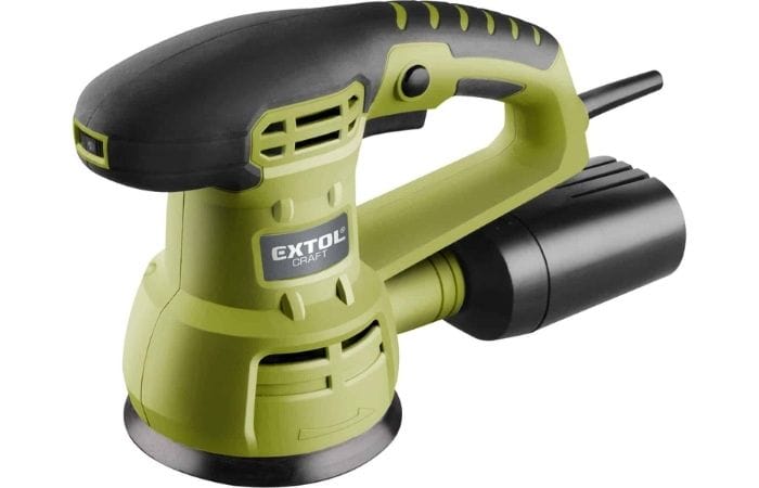 Green and black Extol Craft electric orbital sander with dust collector, shown on a white background.