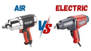 Air impact wrench labeled "AIR" vs electric impact wrench labeled "ELECTRIC," shown side by side.